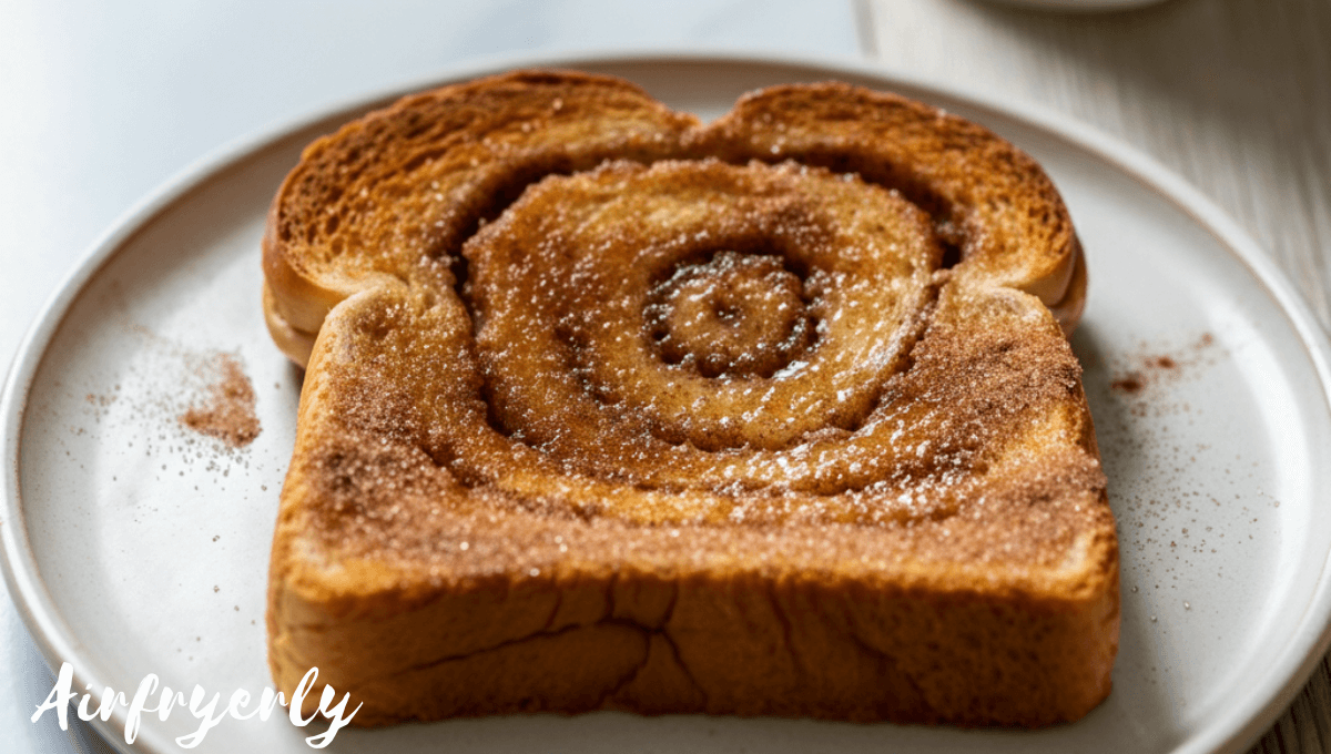 Golden, crispy air fryer cinnamon toast on a plate, topped with melted butter and cinnamon sugar, served for breakfast with coffee