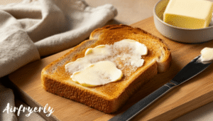 Softened butter spread over toasted bread for making Cinnamon Toast Air Fryer.