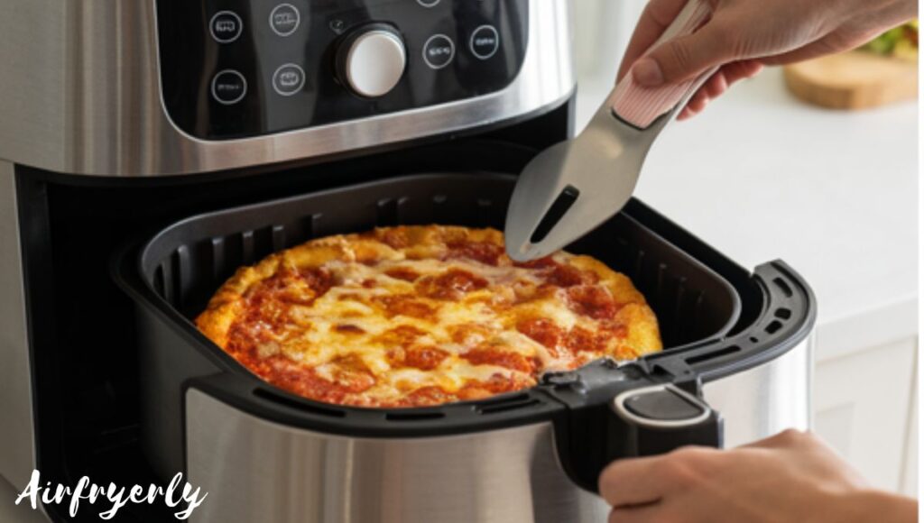 Totino’s pizza baking in air fryer at 400 degrees Fahrenheit with melted cheese