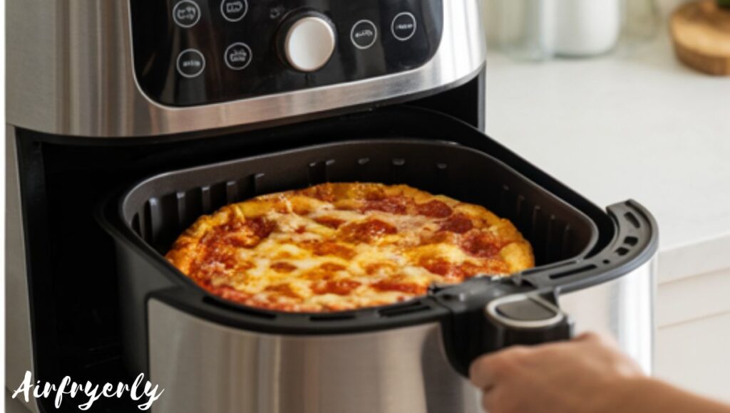 Uncooked Totino’s frozen pizza placed inside air fryer basket before cooking