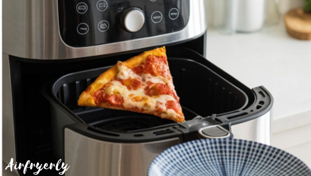 Close-up of golden crispy crust and bubbling cheese on air fryer pizza