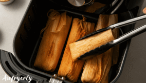 Tamales halfway through cooking in an air fryer, showing golden crisp edges