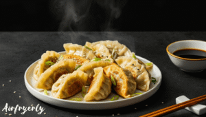 Cooked Tai Pei potstickers cooling on a plate, ready to be served with sauce