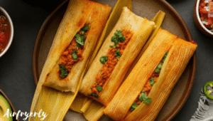 Crispy cooked tamales without husks served on a plate with guacamole, sour cream, and beans