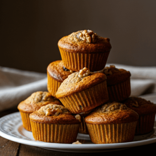 Golden brown banana muffins stacked on a white plate — fluffy and baked to perfection