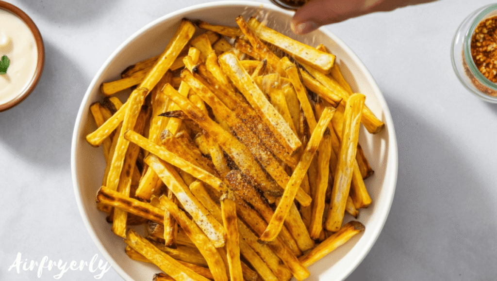 Cooked fries being sprinkled with seasoning while hot. Golden and crispy in a bowl.