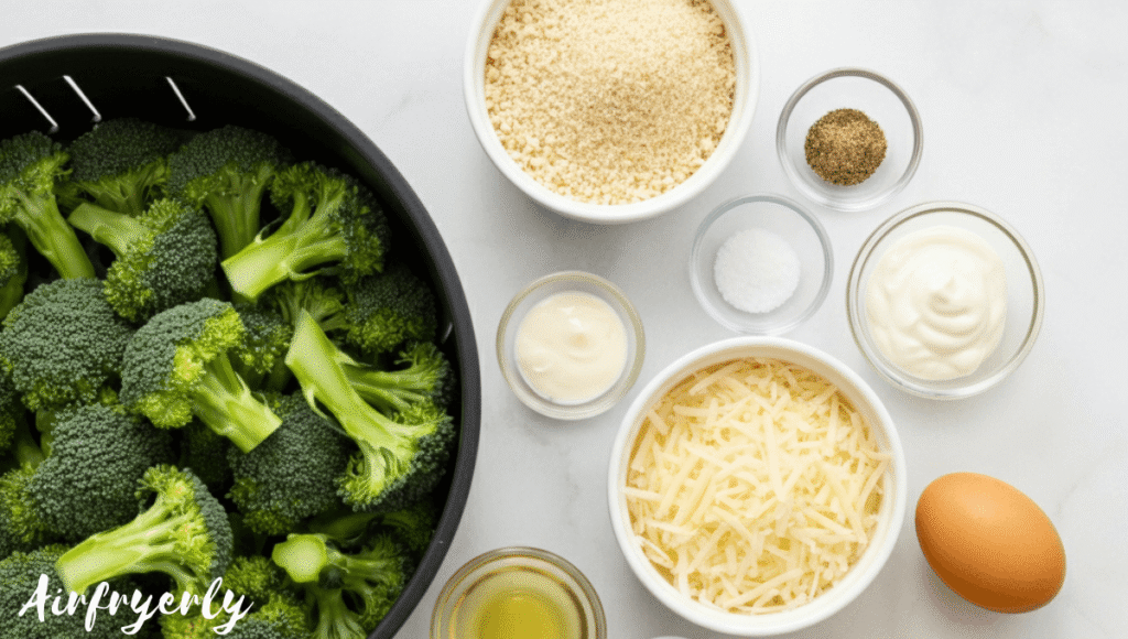 Ingredients for air fryer breaded broccoli: fresh broccoli, panko breadcrumbs, grated Parmesan cheese, egg, garlic powder, salt, and pepper