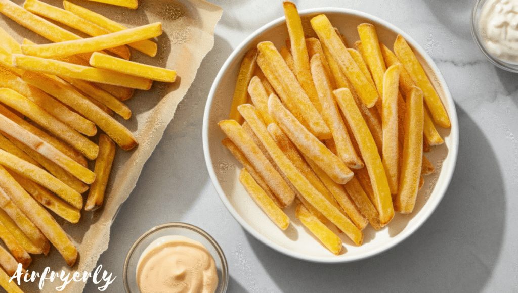 Uncooked Ore Ida Zesty Straight Fries in a white bowl, placed on a clean kitchen counter with optional dips like ketchup and mayo on the side. Natural daylight.