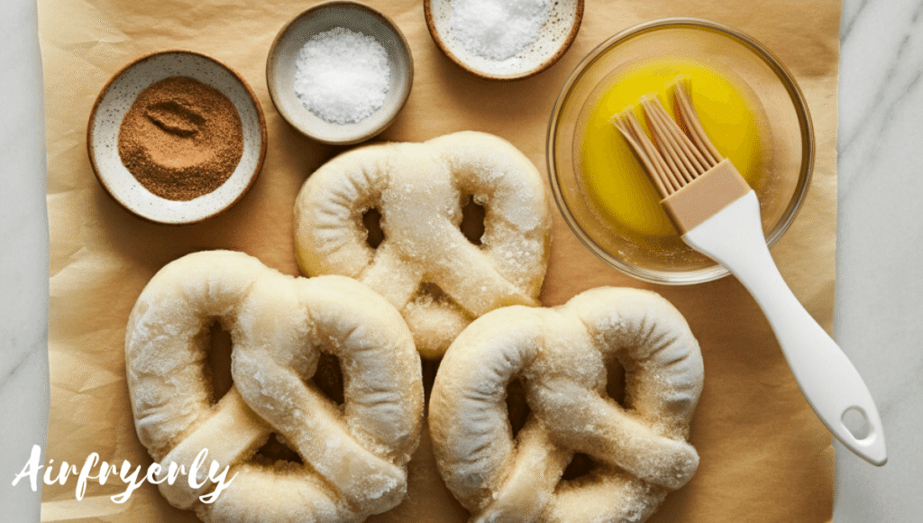 Ingredients for Super Pretzel in Air Fryer recipe – frozen pretzels, coarse salt, butter, and air fryer on a clean kitchen counter.