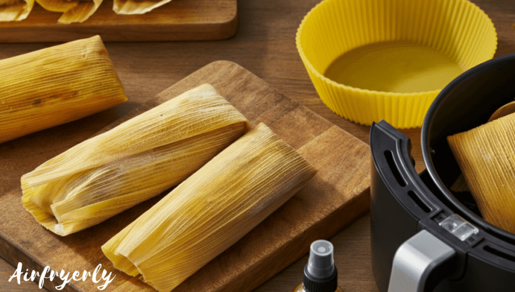 Uncooked frozen tamales with corn husks placed on a wooden board next to non-stick spray and optional sauces