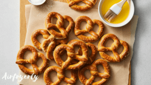 “Cooked Super Pretzel in air fryer served hot with cheese dip on a wooden tray.”