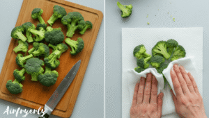 Chopped broccoli florets drying on a paper towel for breading prep