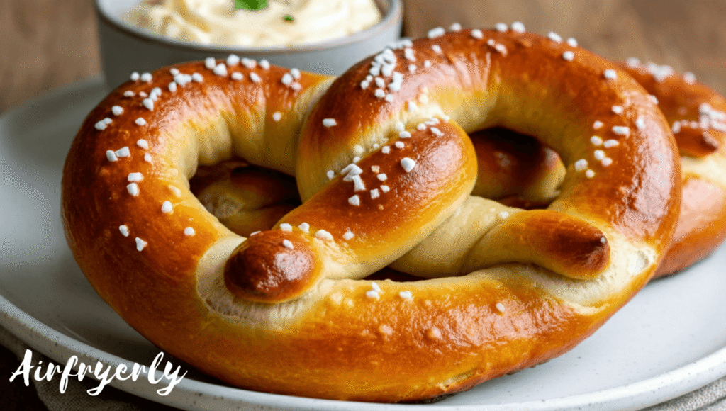 Golden brown Super Pretzel in air fryer served on a white plate with dipping sauces – perfect crispy snack made fast without oven.