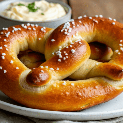 Golden brown Super Pretzel in air fryer served on a white plate with dipping sauces – perfect crispy snack made fast without oven.