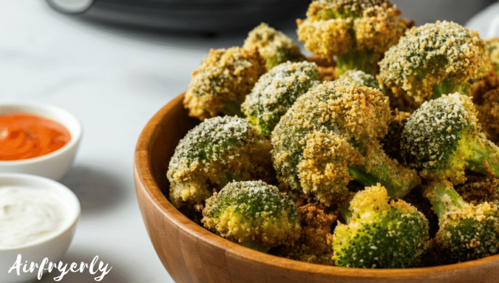 Golden-brown breaded broccoli florets served in a rustic bowl with dipping sauces on the side