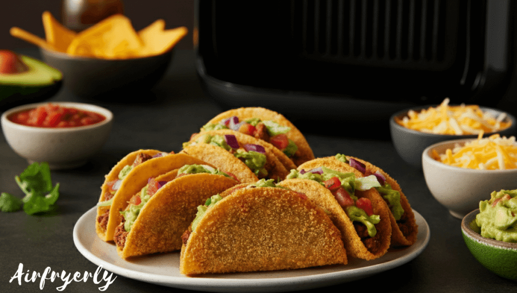Golden crispy frozen mini tacos in air fryer basket served with salsa and guacamole – quick and easy snack