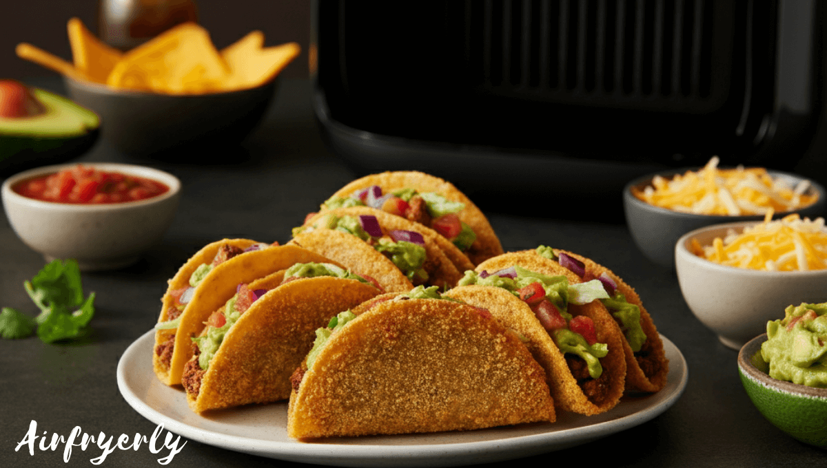 Golden crispy frozen mini tacos in air fryer basket served with salsa and guacamole – quick and easy snack