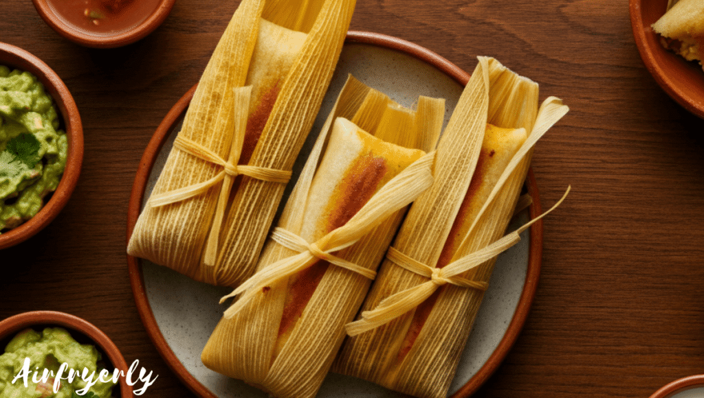 Top-down view of golden, crispy air-fried tamales served on a rustic plate with salsa and lime wedges