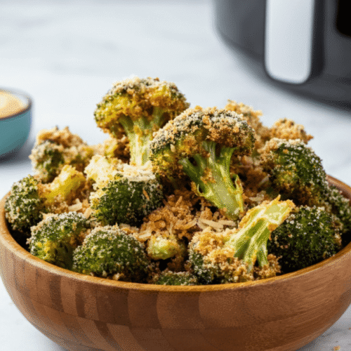 Golden-brown breaded broccoli florets served in a rustic bowl with dipping sauces on the side