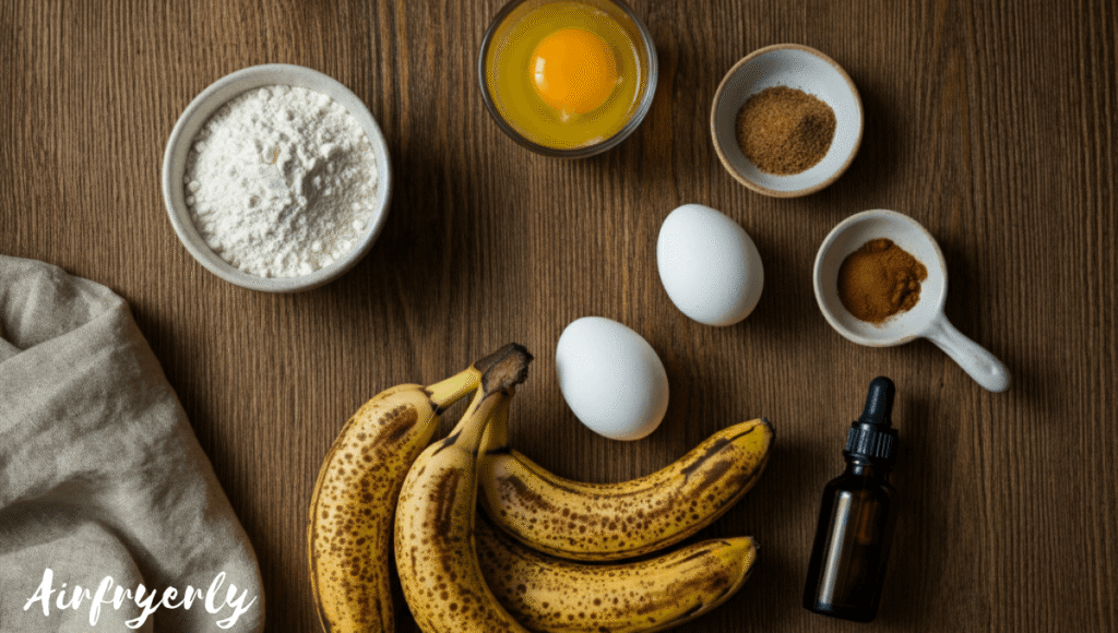 All ingredients laid out for air fryer banana muffins — ripe bananas, flour, sugar, milk, egg, butter, and vanilla