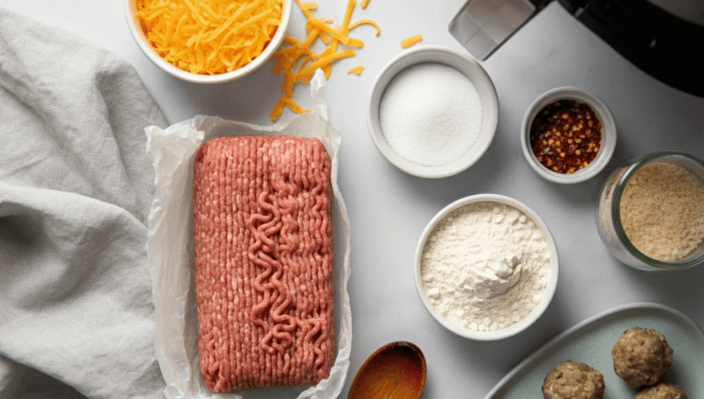 Uncooked ingredients for air fryer sausage balls including ground sausage, shredded cheddar cheese, and baking mix on a countertop.