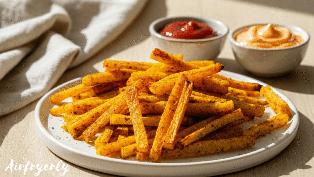 Crispy golden Ore Ida Zesty Straight Fries served in a white bowl with dips like ketchup and spicy mayo. Natural light, wooden surface, clean and realistic look. No packaging shown.