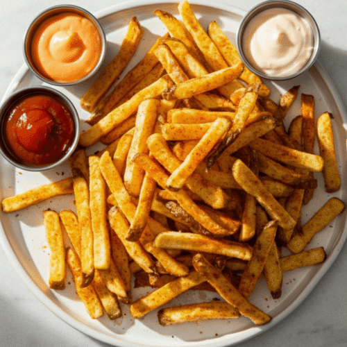 Crispy golden Ore Ida Zesty Straight Fries served in a white bowl with dips like ketchup and spicy mayo. Natural light, wooden surface, clean and realistic look. No packaging shown.
