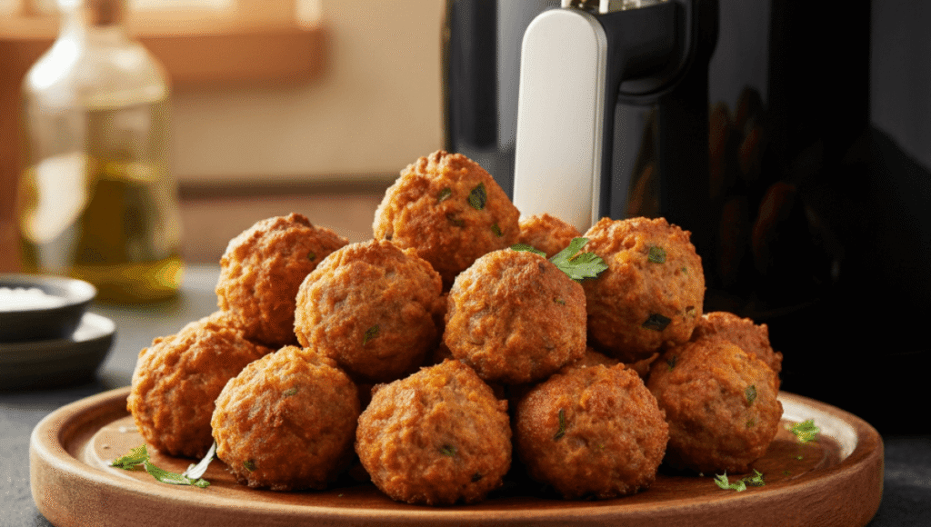 Golden, crispy sausage balls served on a white plate with dipping sauce on the side—perfectly cooked in the air fryer and ready to enjoy.