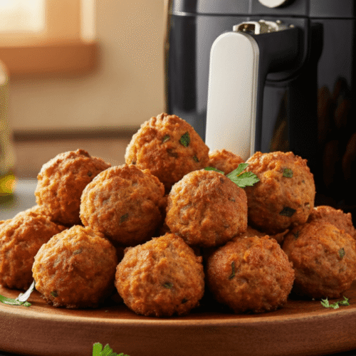 Golden, crispy sausage balls served on a white plate with dipping sauce on the side—perfectly cooked in the air fryer and ready to enjoy