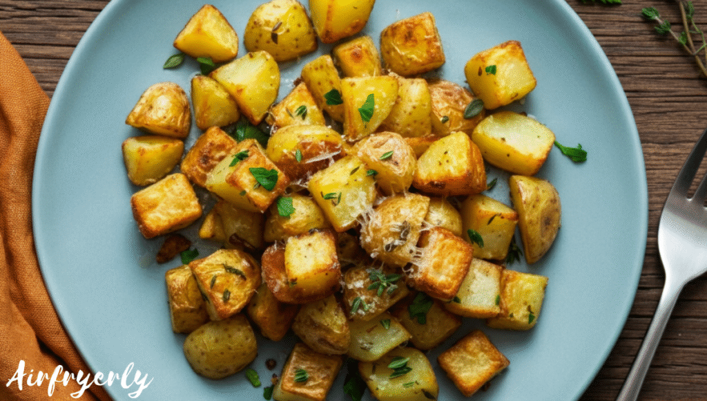 Golden crispy diced potatoes served in a bowl, garnished with chopped parsley and a sprinkle of Parmesan cheese.