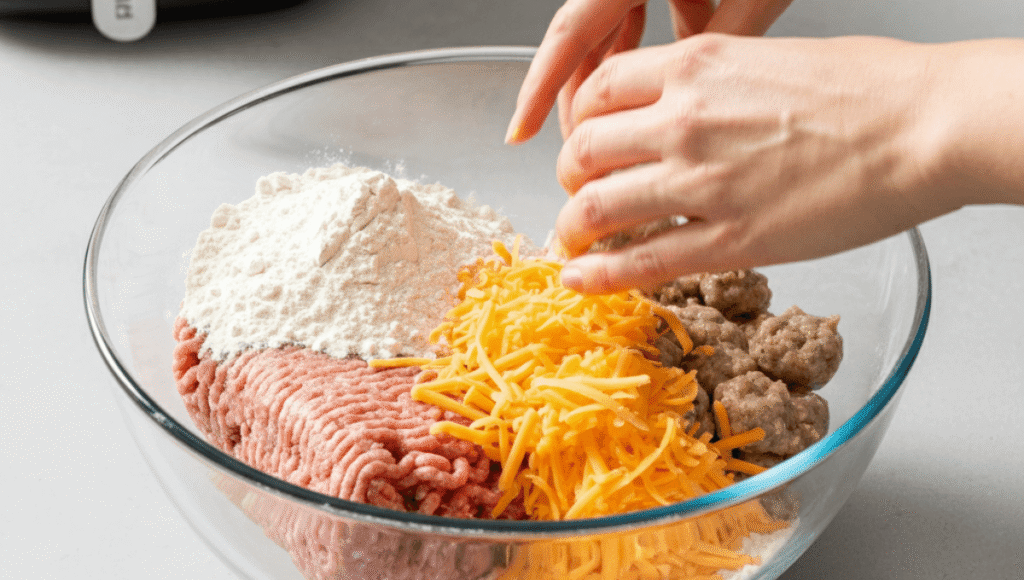 Mixing sausage, shredded cheese, and baking mix in a large mixing bowl with hands.