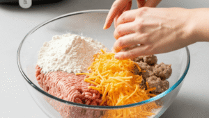 Mixing sausage, shredded cheese, and baking mix in a large mixing bowl with hands.