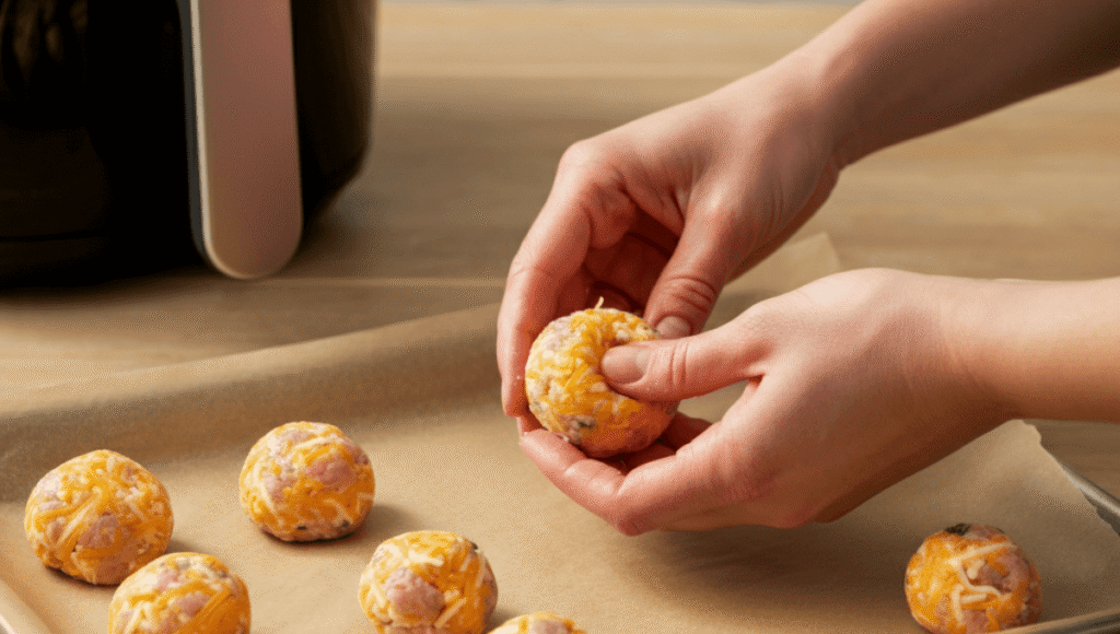 Rolling sausage mixture into uniform 1-inch balls using an ice cream scoop.