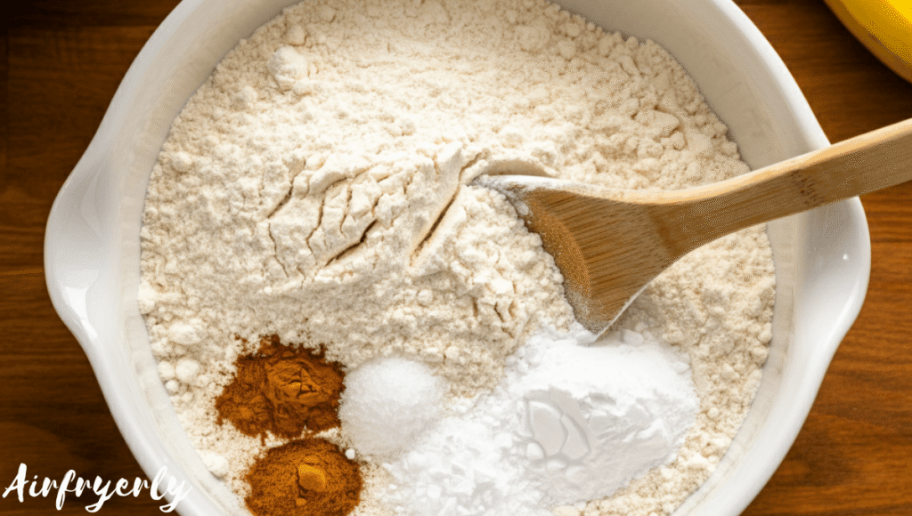 Dry ingredients like flour, baking powder, and cinnamon combined in a mixing bowl