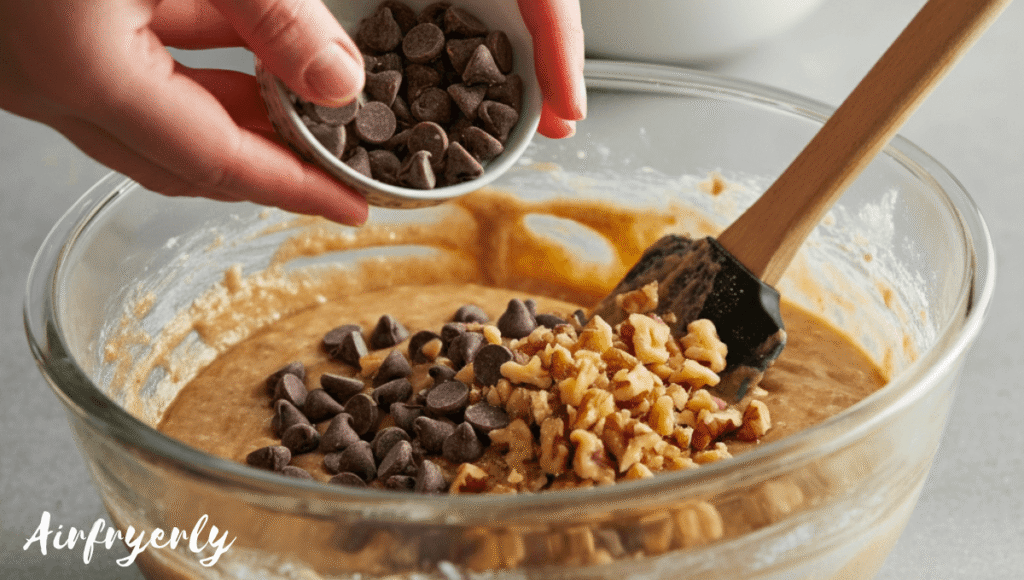 Banana muffin batter mixed with chopped walnuts and chocolate chips