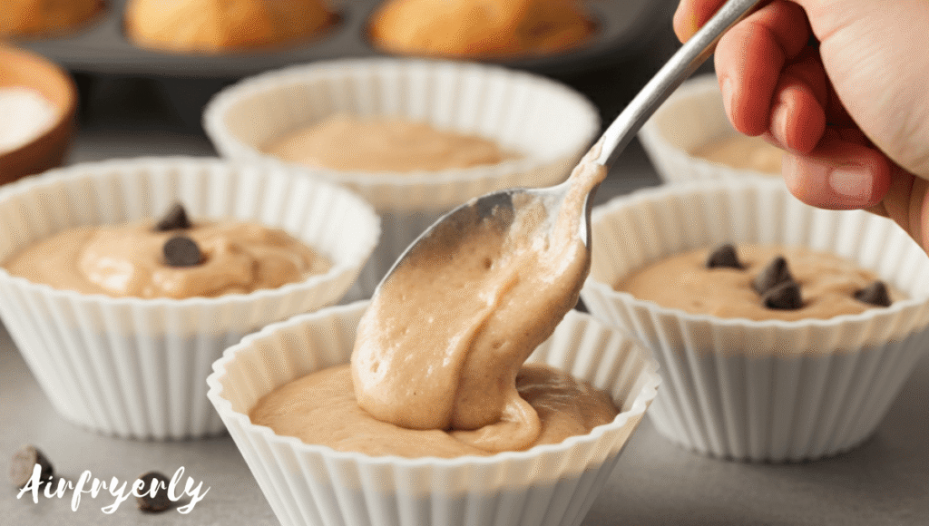 White silicone muffin liners filled ¾ with banana muffin batter in air fryer basket