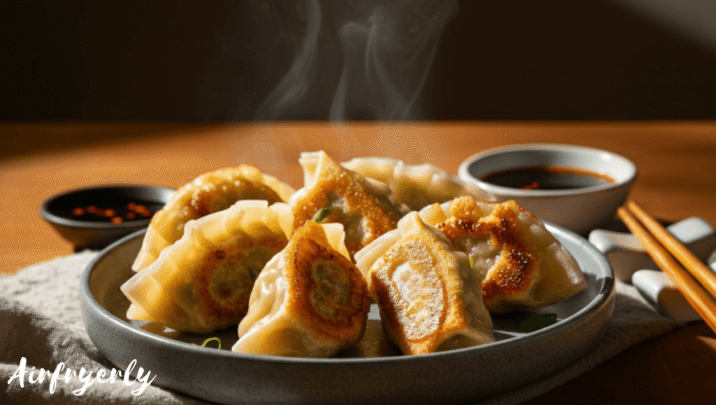 Crispy Tai Pei potstickers served on a plate with dipping sauce, cooked in an air fryer