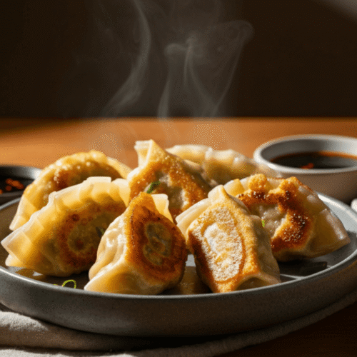 Crispy Tai Pei potstickers served on a plate with dipping sauce, cooked in an air fryer