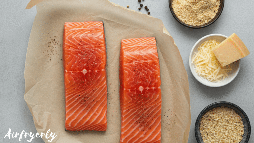 Raw salmon fillets patted dry with paper towel and seasoned with black pepper