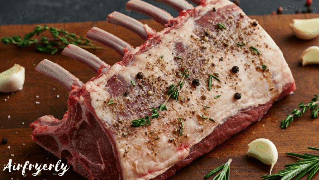 Lamb rack fully coated with olive oil, crushed garlic, rosemary, thyme, salt, and pepper before air frying.