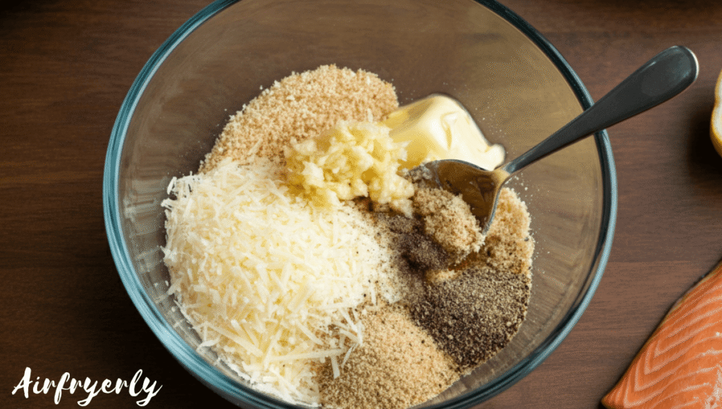 Bowl of mixed Parmesan, breadcrumbs, garlic, butter, and spices forming a crumbly coating