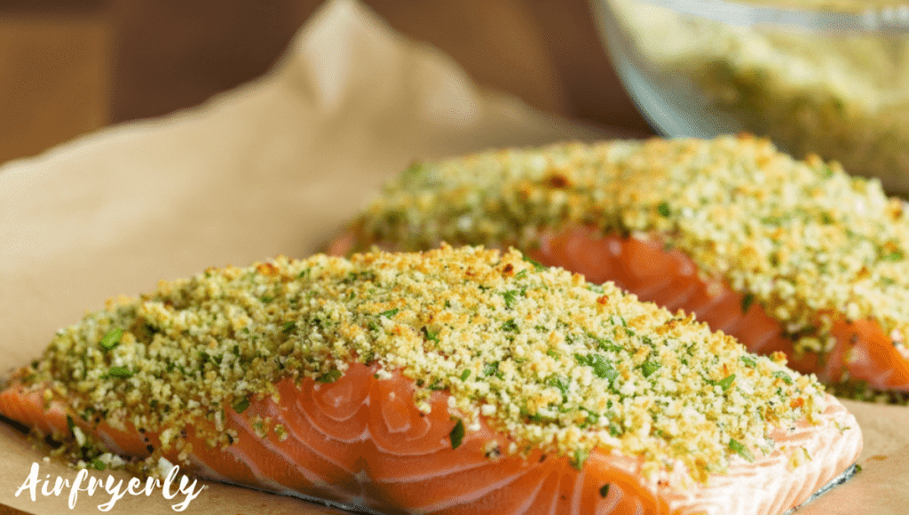 Salmon fillets topped with Parmesan crust mixture, ready to be air fried