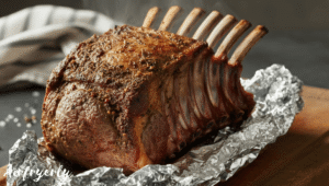 Cooked lamb rack wrapped loosely in foil on a wooden board, resting before slicing.