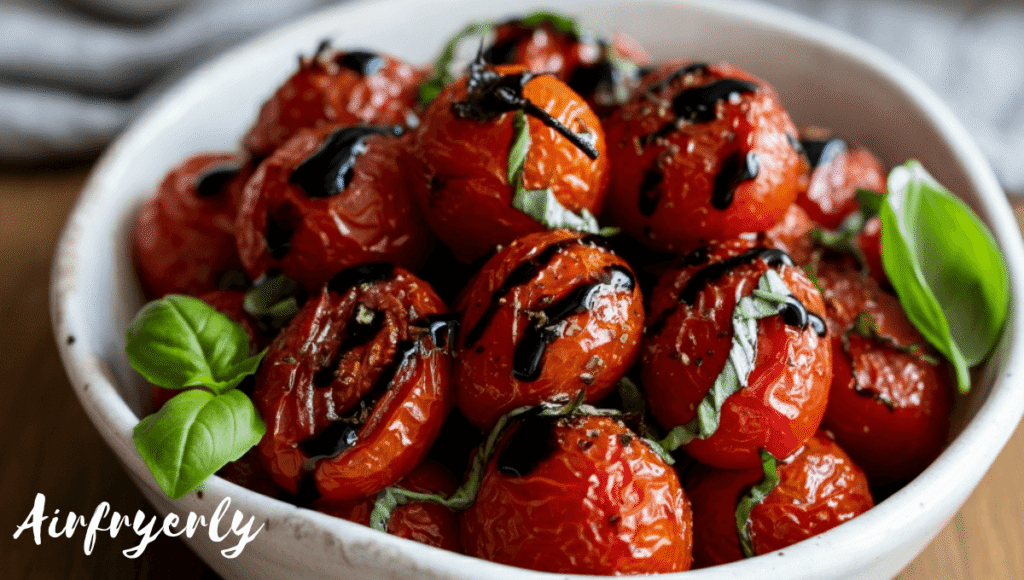 "Air fryer cherry tomatoes served in a rustic white bowl, roasted to perfection with caramelized edges, herbs, and balsamic glaze, placed on a linen cloth with basil and tomato stems around."