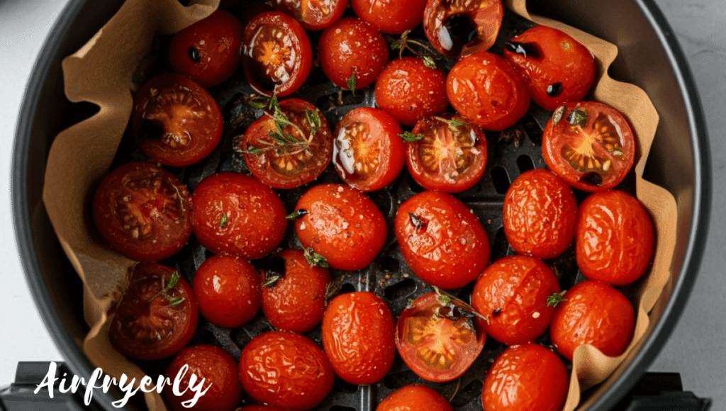 "Perfectly cooked air fryer cherry tomatoes in the basket, wrinkled and juicy with golden caramelized edges after 10 minutes."