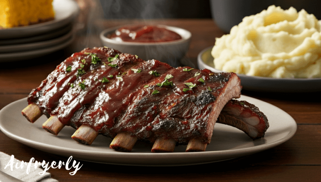 "Juicy air fryer beef ribs served on a rustic plate with BBQ sauce, creamy mac and cheese, and grilled corn on the cob – a delicious 30-minute dinner idea"