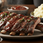 "Juicy air fryer beef ribs served on a rustic plate with BBQ sauce, creamy mac and cheese, and grilled corn on the cob – a delicious 30-minute dinner idea"