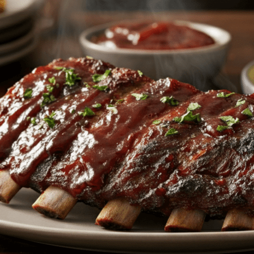 "Juicy air fryer beef ribs served on a rustic plate with BBQ sauce, creamy mac and cheese, and grilled corn on the cob – a delicious 30-minute dinner idea"
