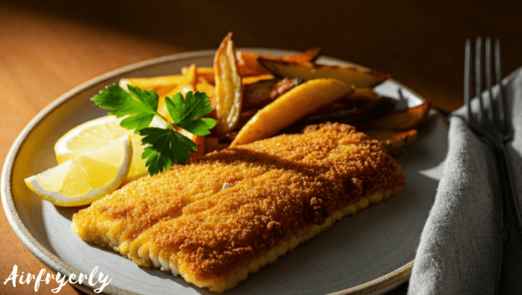Crispy air fryer grouper fillets plated with salad and lemon slices