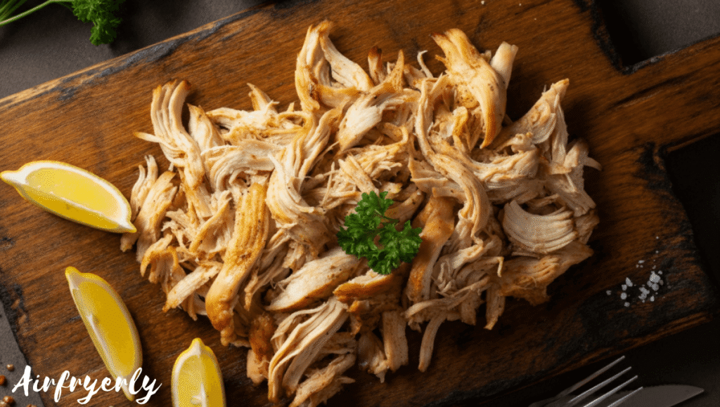 Juicy shredded chicken served in a white bowl, perfect for wraps, salads, or meal prep, made using an air fryer.